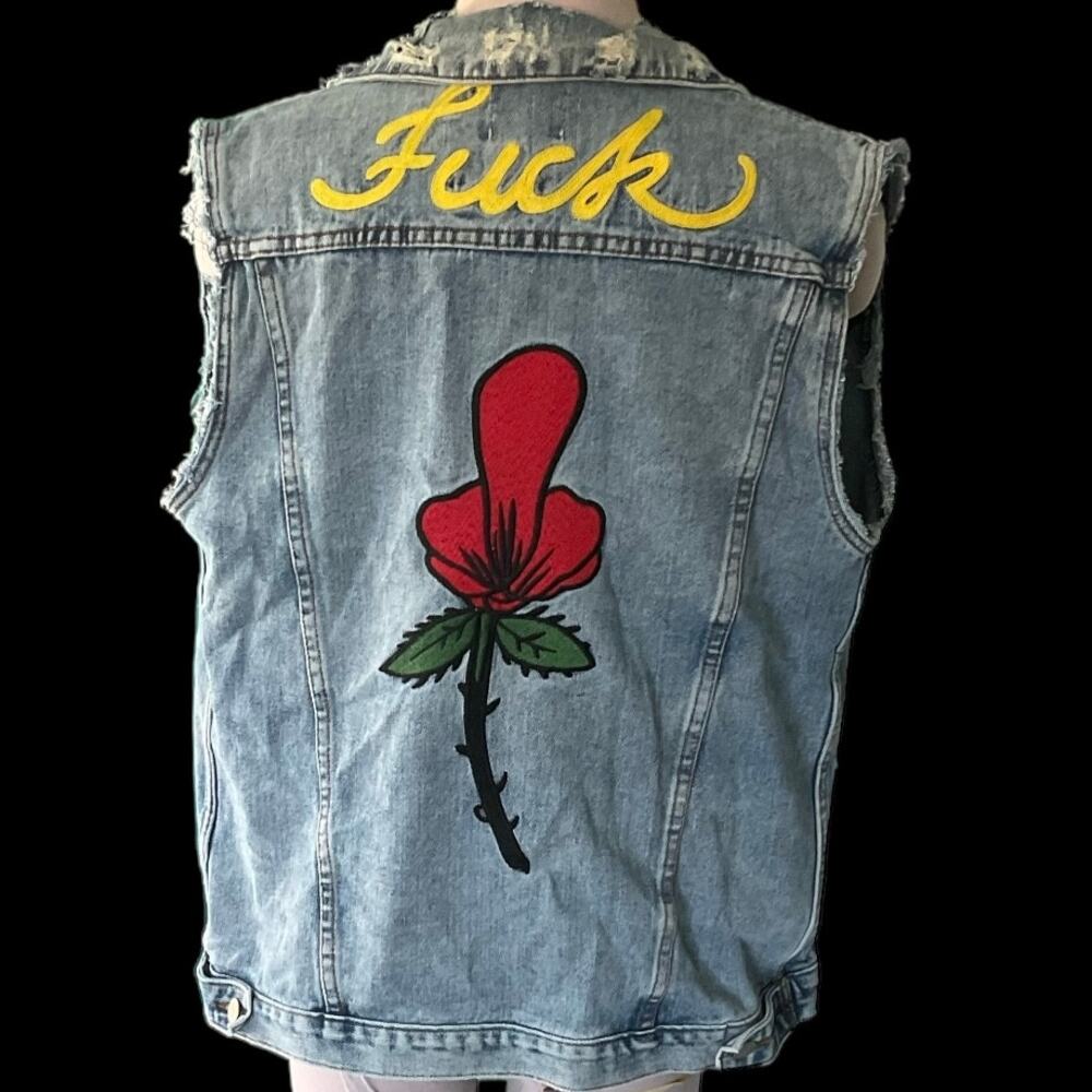 NWOT RARE Unif Embroidered “F*ck U” Denim Oversized Slim Cut Vest Size Medium